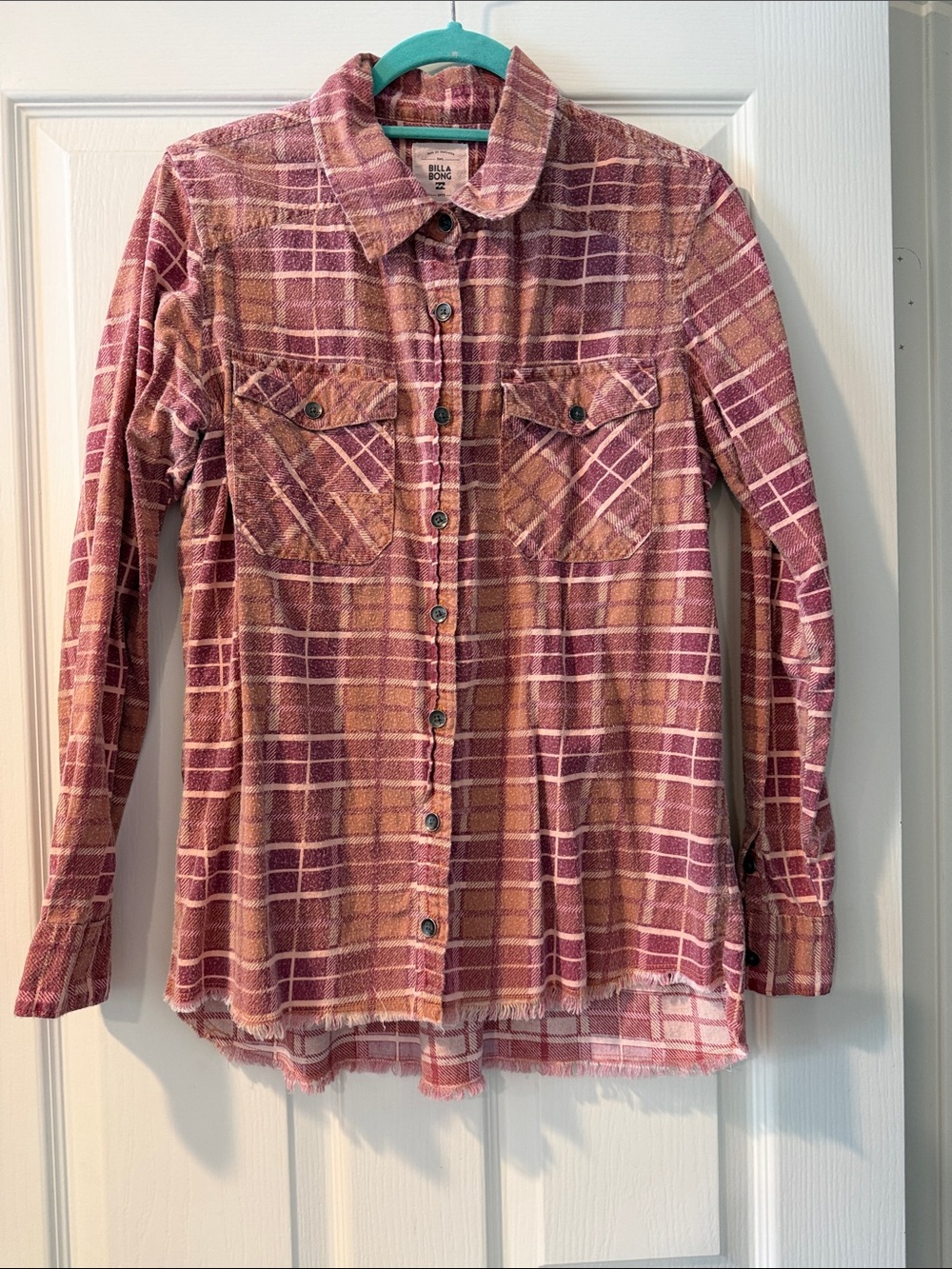 Billabong Rose and Tan Plaid Button-Down Shirt